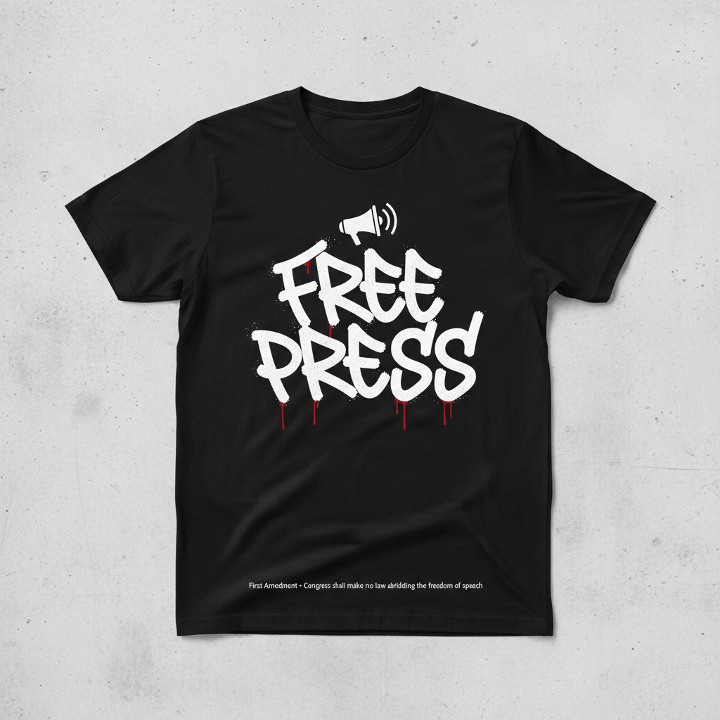 Free Press Tee - megaphone with volume lines, First Amendment citation, gritty graffiti streetwear design