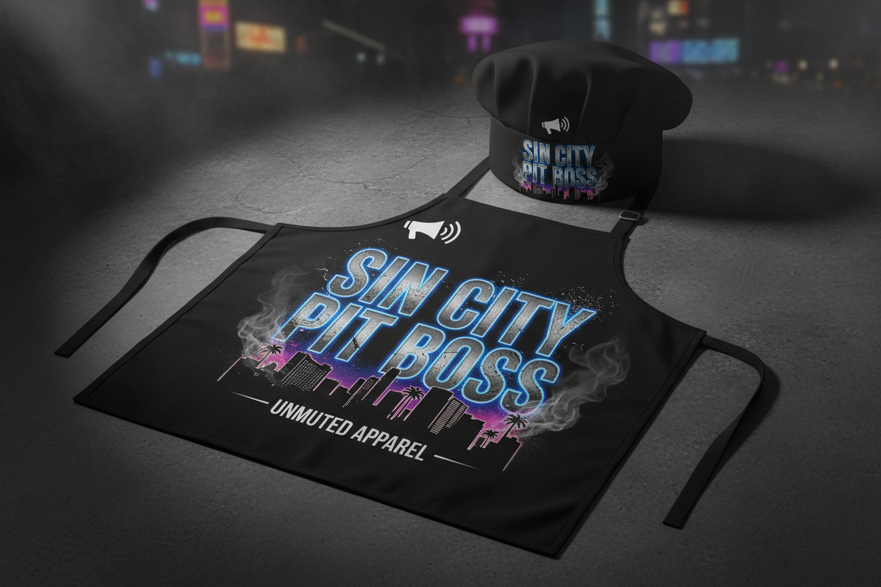 Sin City Pit Boss BBQ Apron and Chef Hat Set by Unmuted Apparel
