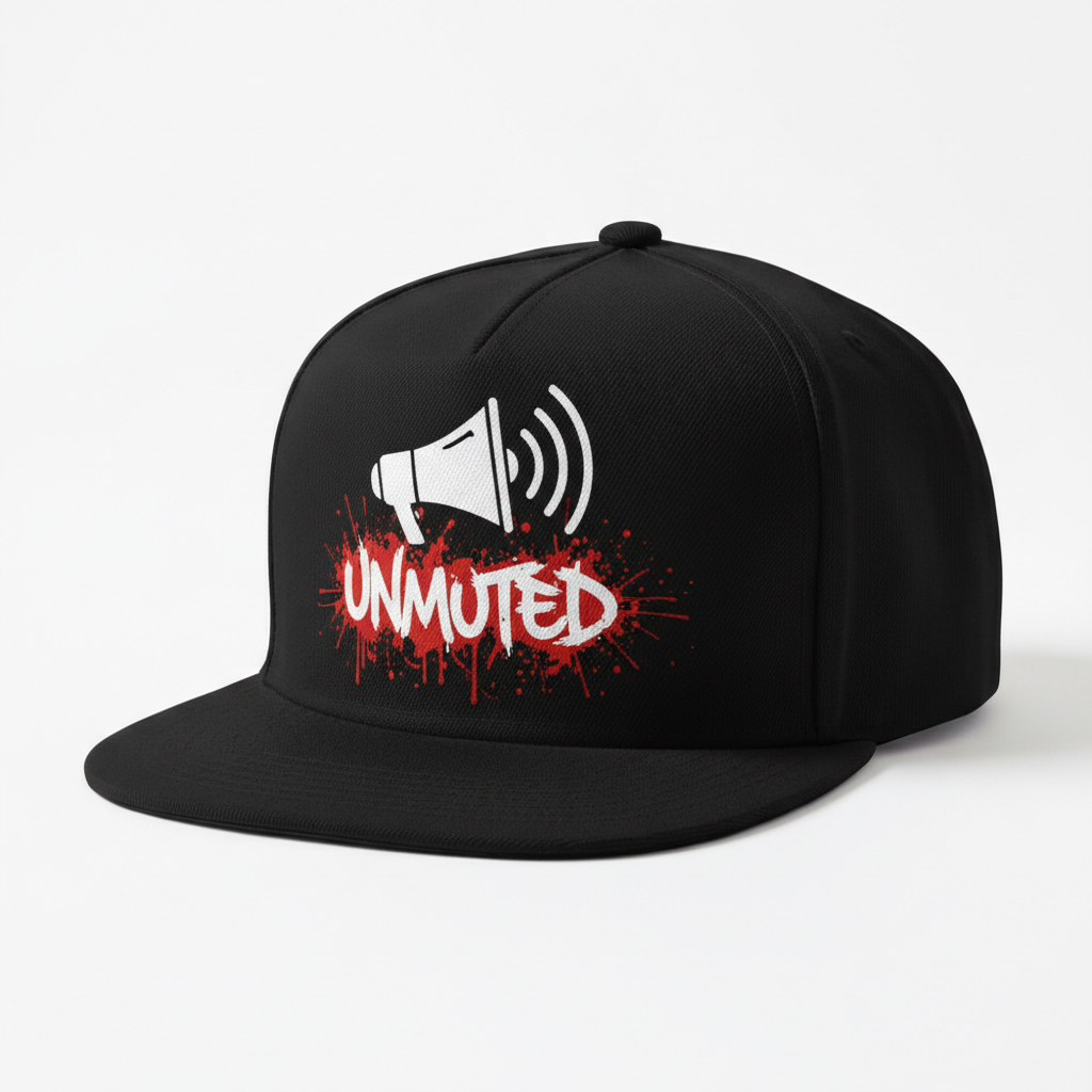 Unmuted Splatter Snapback - gritty graffiti lettering red paint splatter megaphone brand signature