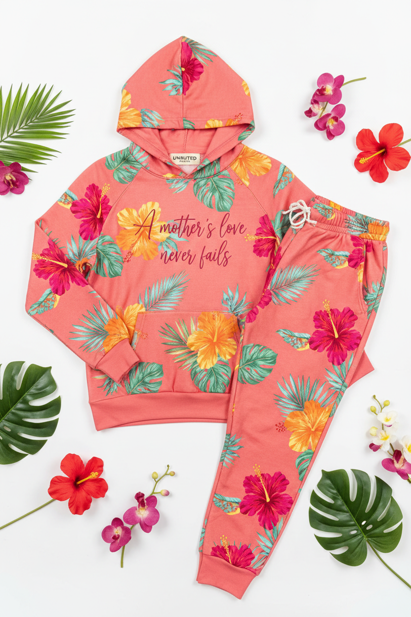 A Mother's Love Never Fails Coral Pink Floral 2-Piece Jogging Set by Unmuted Apparel