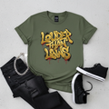 Louder Than Laws Tee - olive gold wavy graffiti urban streetwear design