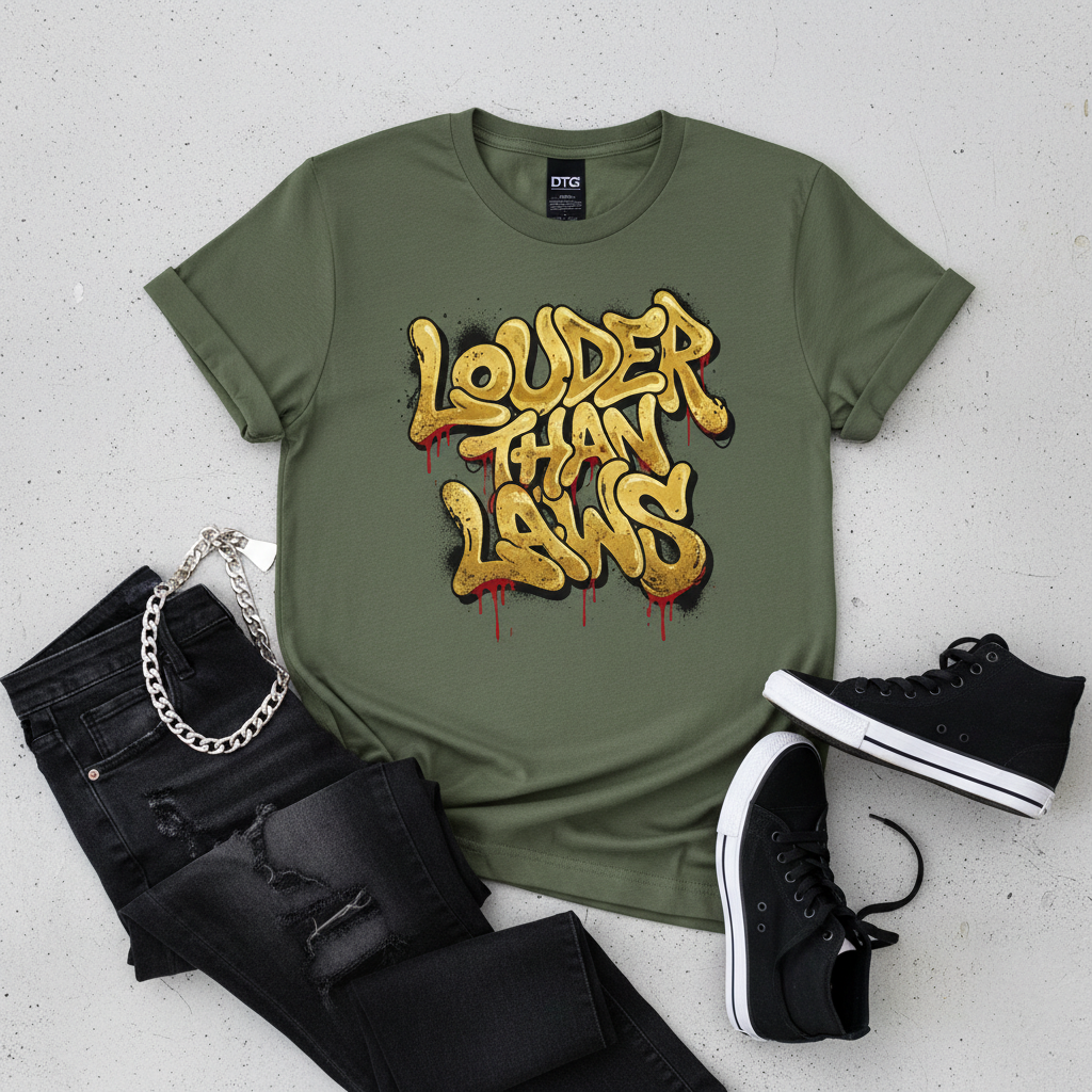 Louder Than Laws Tee - olive gold wavy graffiti urban streetwear design