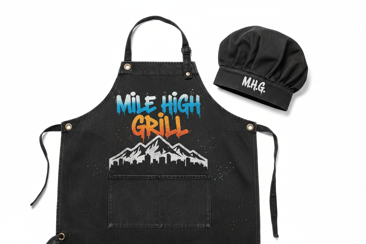 Mile High Grill BBQ Apron and Chef Hat Set by Unmuted Apparel