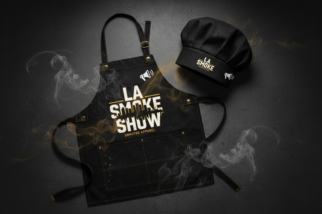 LA Smoke Show BBQ Apron and Chef Hat Set by Unmuted Apparel