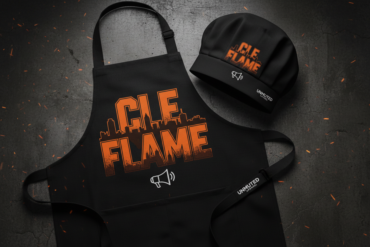 CLE Flame BBQ Apron and Chef Hat Set by Unmuted Apparel
