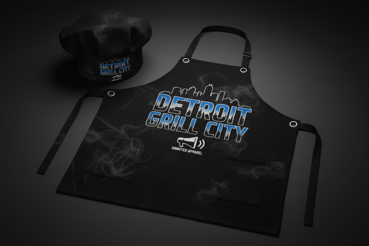 Detroit Grill City BBQ Apron and Chef Hat Set by Unmuted Apparel