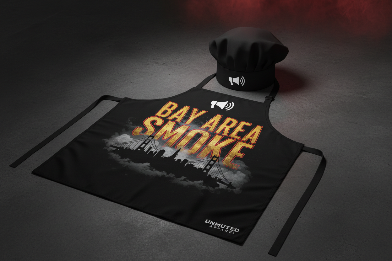 Bay Area Smoke BBQ Apron and Chef Hat Set by Unmuted Apparel