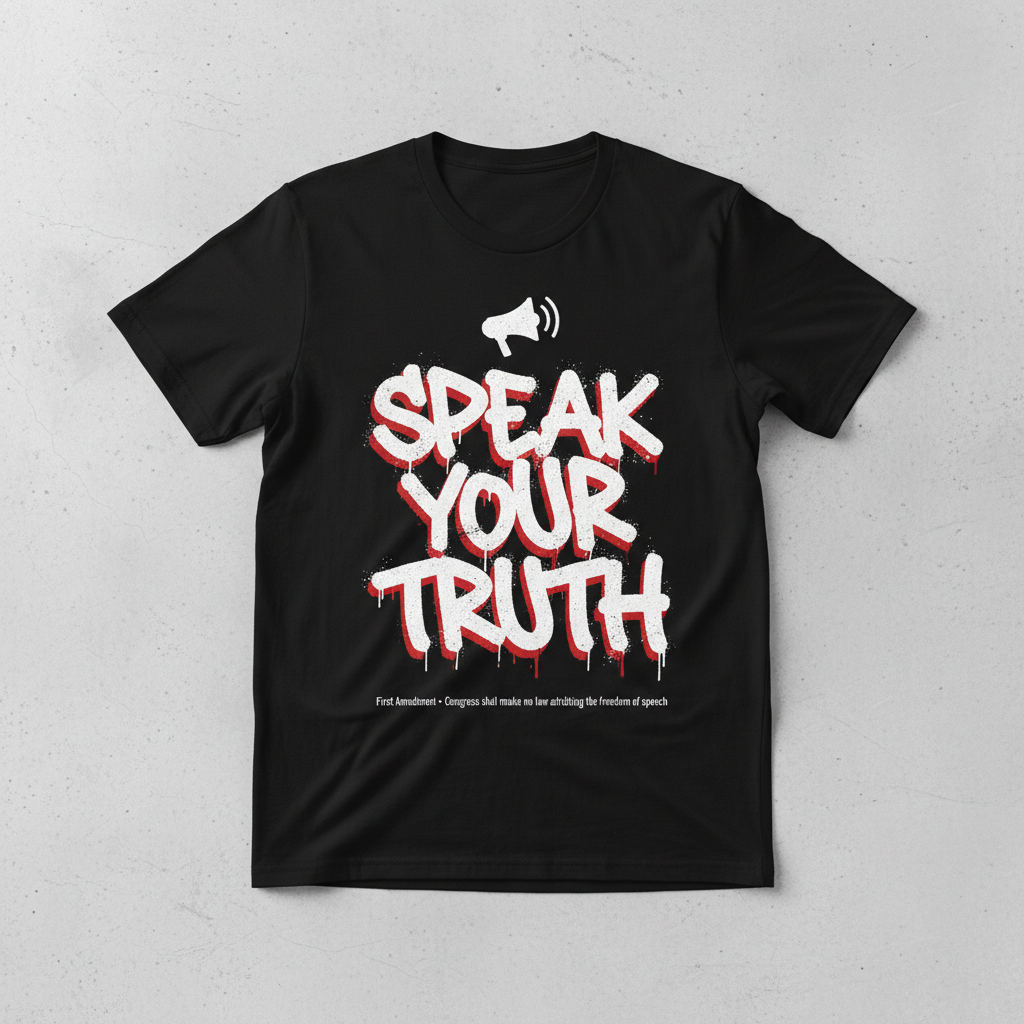 Speak Your Truth Tee - megaphone with volume lines, First Amendment citation, gritty graffiti streetwear design