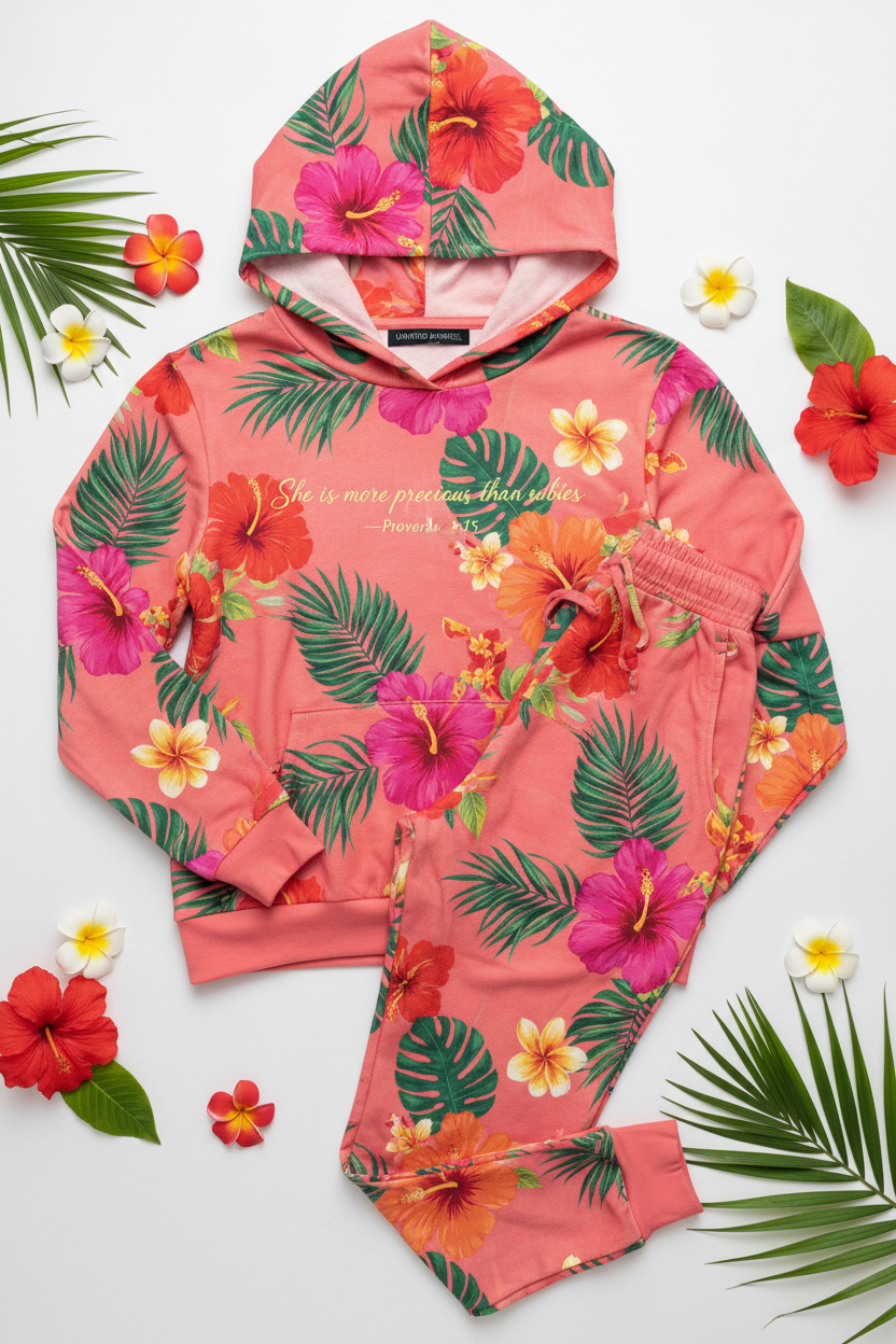 More Precious Than Rubies Coral Pink Floral 2-Piece Jogging Set by Unmuted Apparel