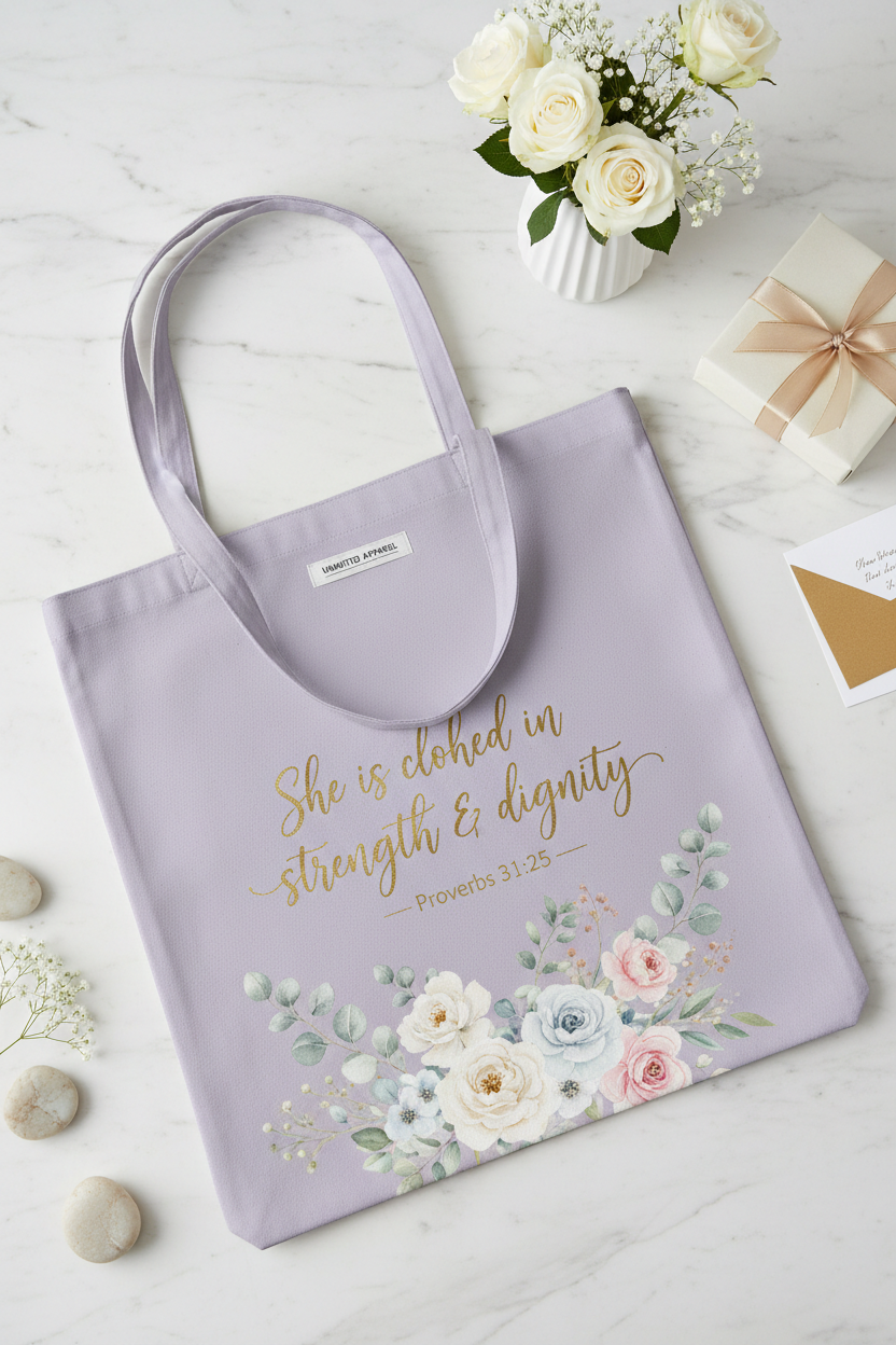 Strength and Dignity Lavender Floral Tote Bag by Unmuted Apparel