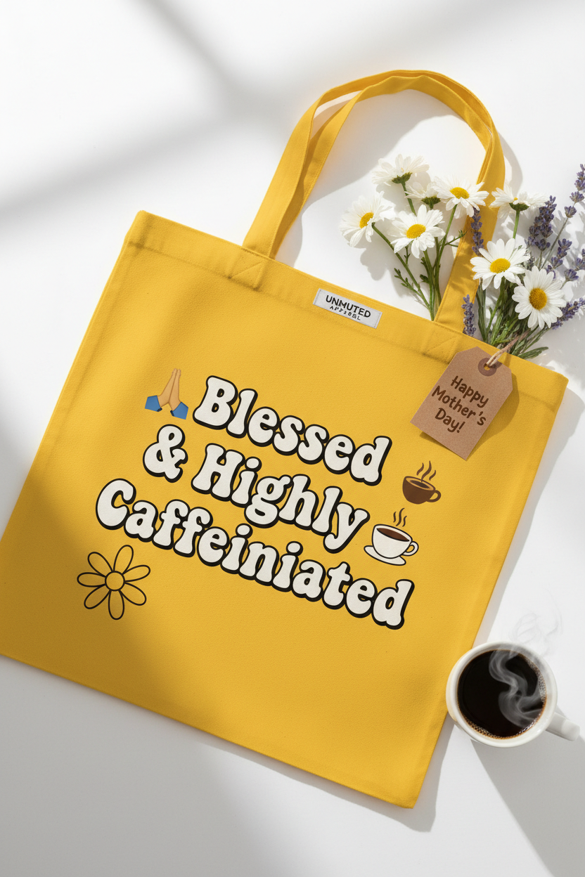 Blessed and Highly Caffeinated Funny Yellow Tote Bag by Unmuted Apparel