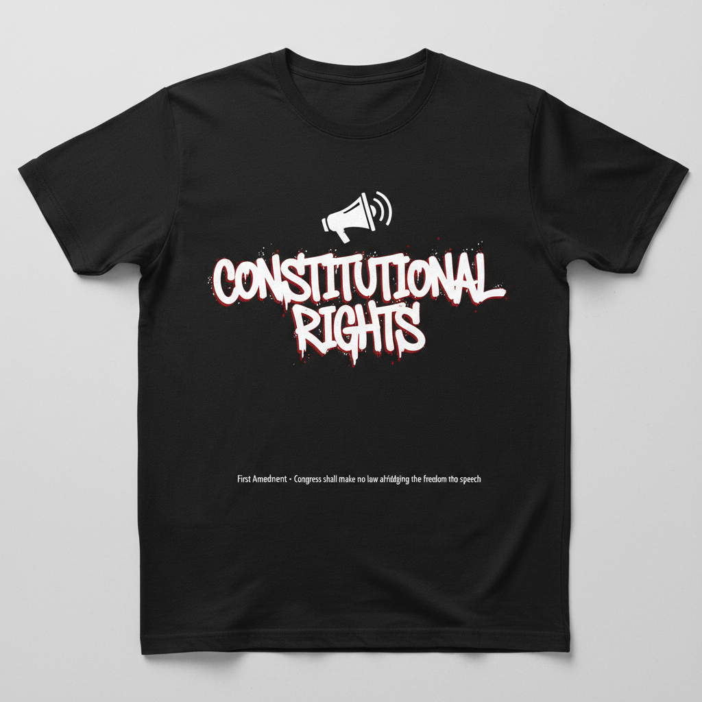 Constitutional Rights Tee - megaphone with volume lines, First Amendment citation, gritty graffiti streetwear design
