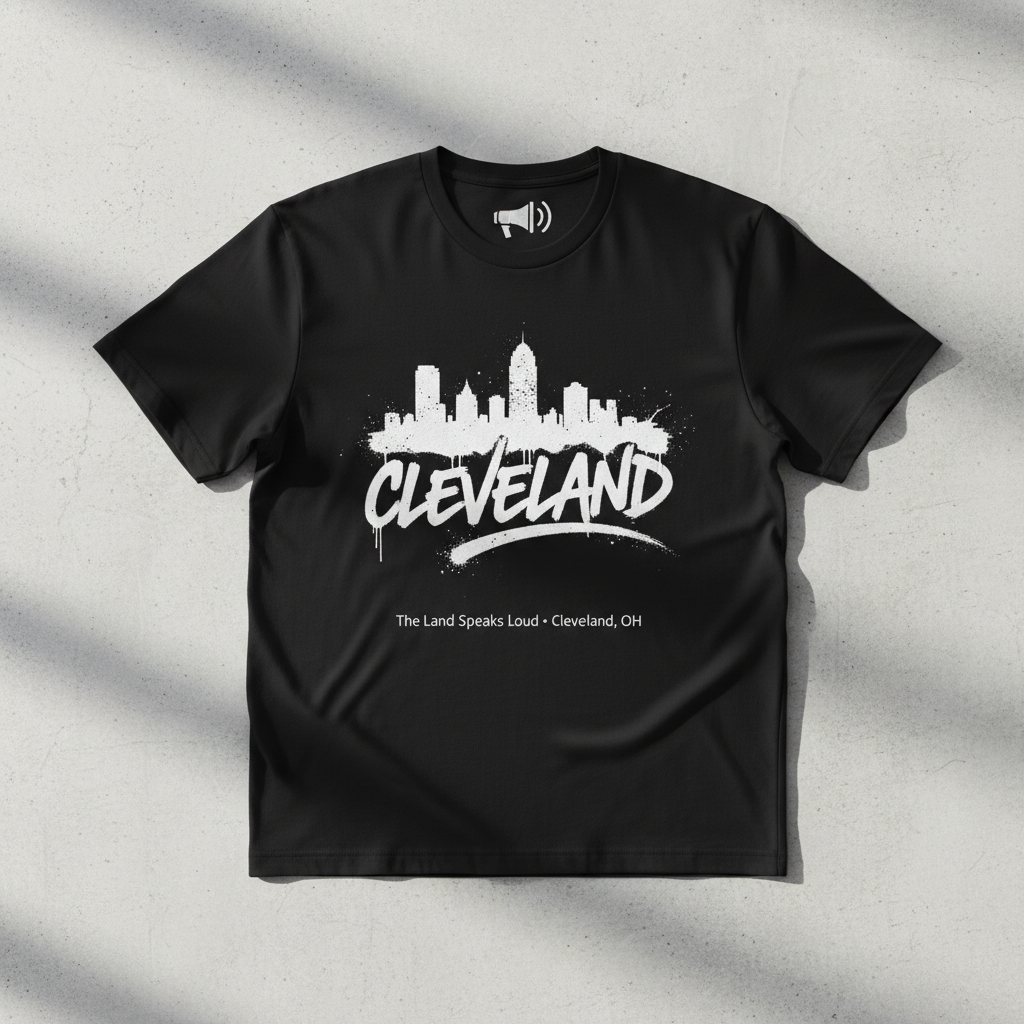 Cleveland Skyline Tee - The Land Speaks Loud - megaphone brand signature gritty streetwear