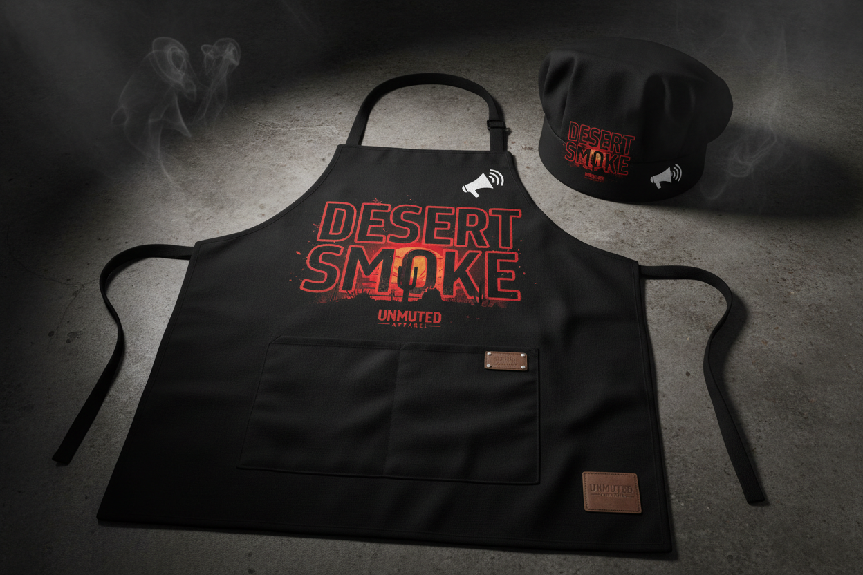 Desert Smoke BBQ Apron and Chef Hat Set by Unmuted Apparel