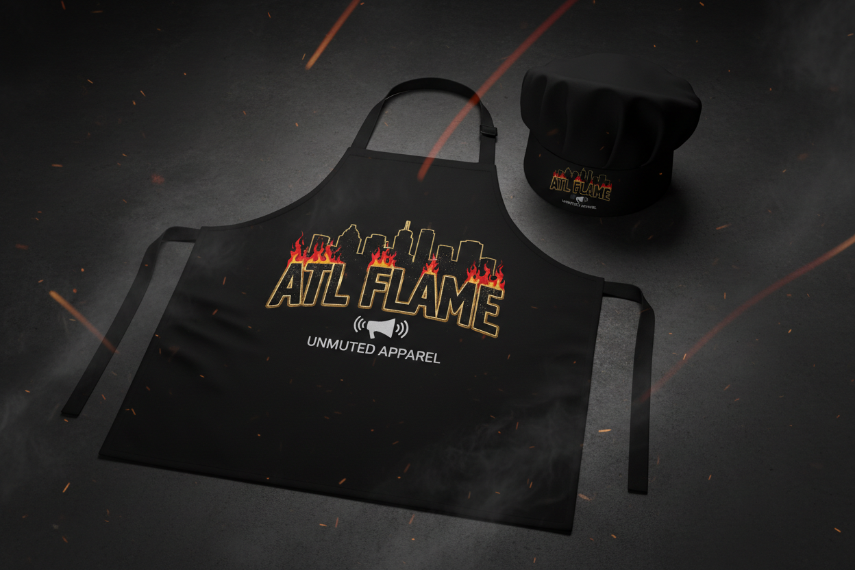 ATL Flame BBQ Apron and Chef Hat Set by Unmuted Apparel