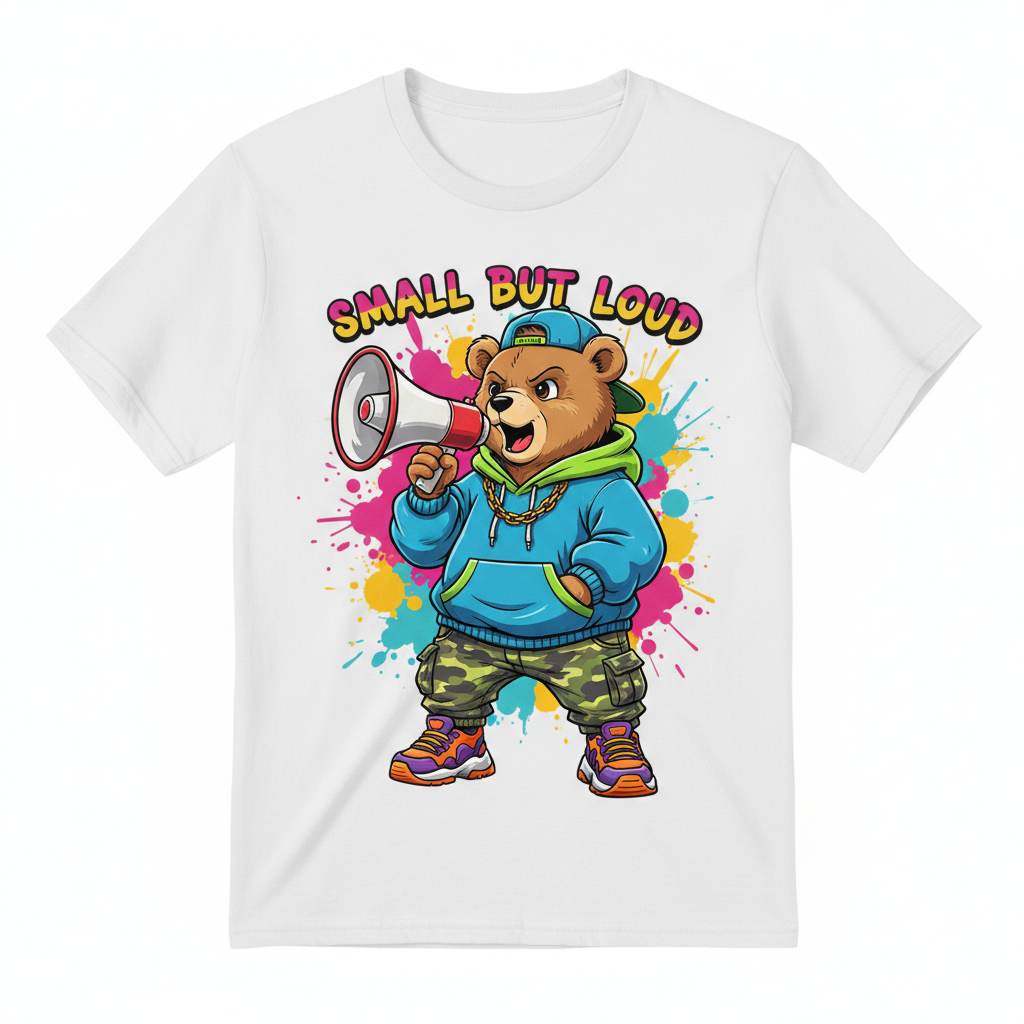Kids streetwear tee with cartoon bear cub in oversized streetwear holding megaphone with Small But Loud slogan