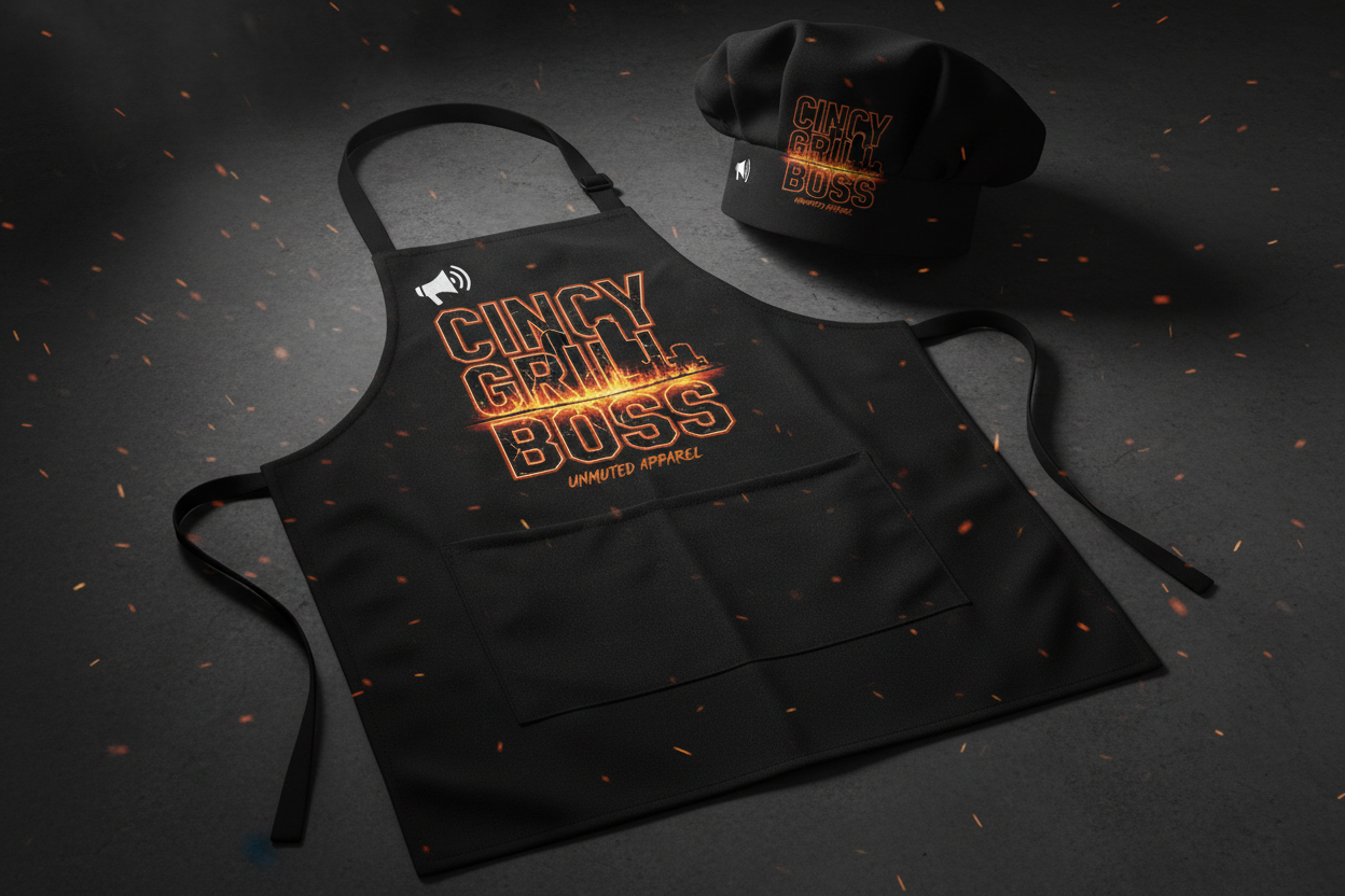 Cincy Grill Boss BBQ Apron and Chef Hat Set by Unmuted Apparel