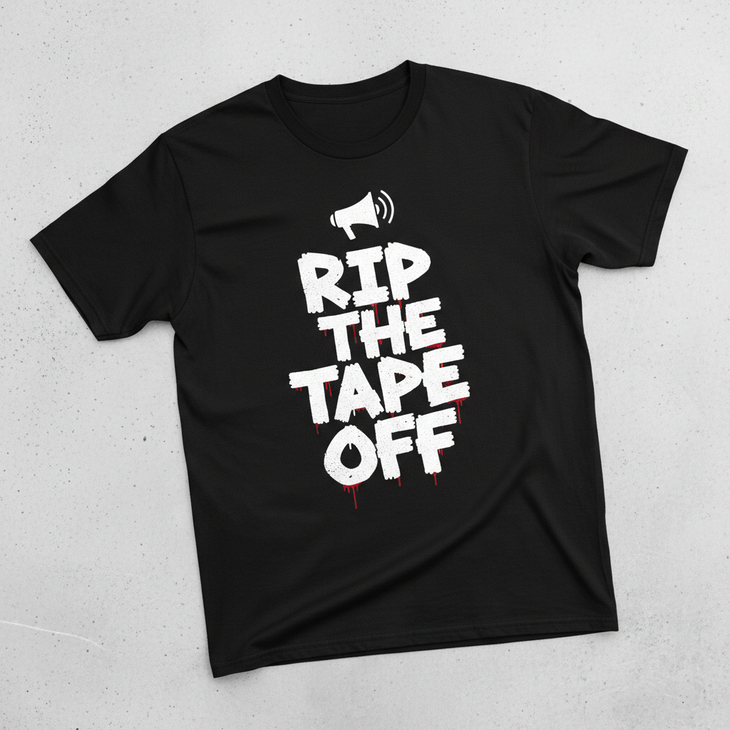 Rip The Tape Off Tee - megaphone with volume lines brand signature, gritty graffiti streetwear design