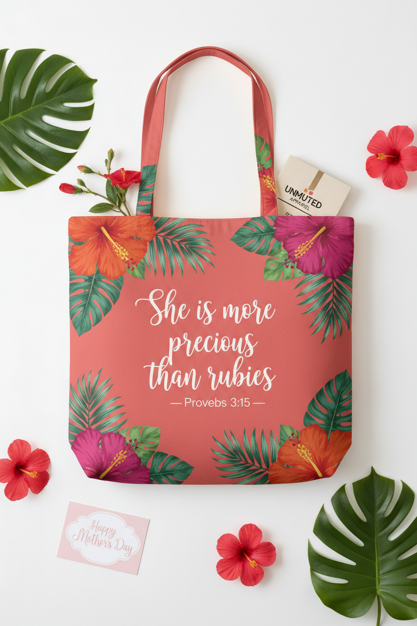 More Precious Than Rubies Coral Pink Floral Tote Bag by Unmuted Apparel