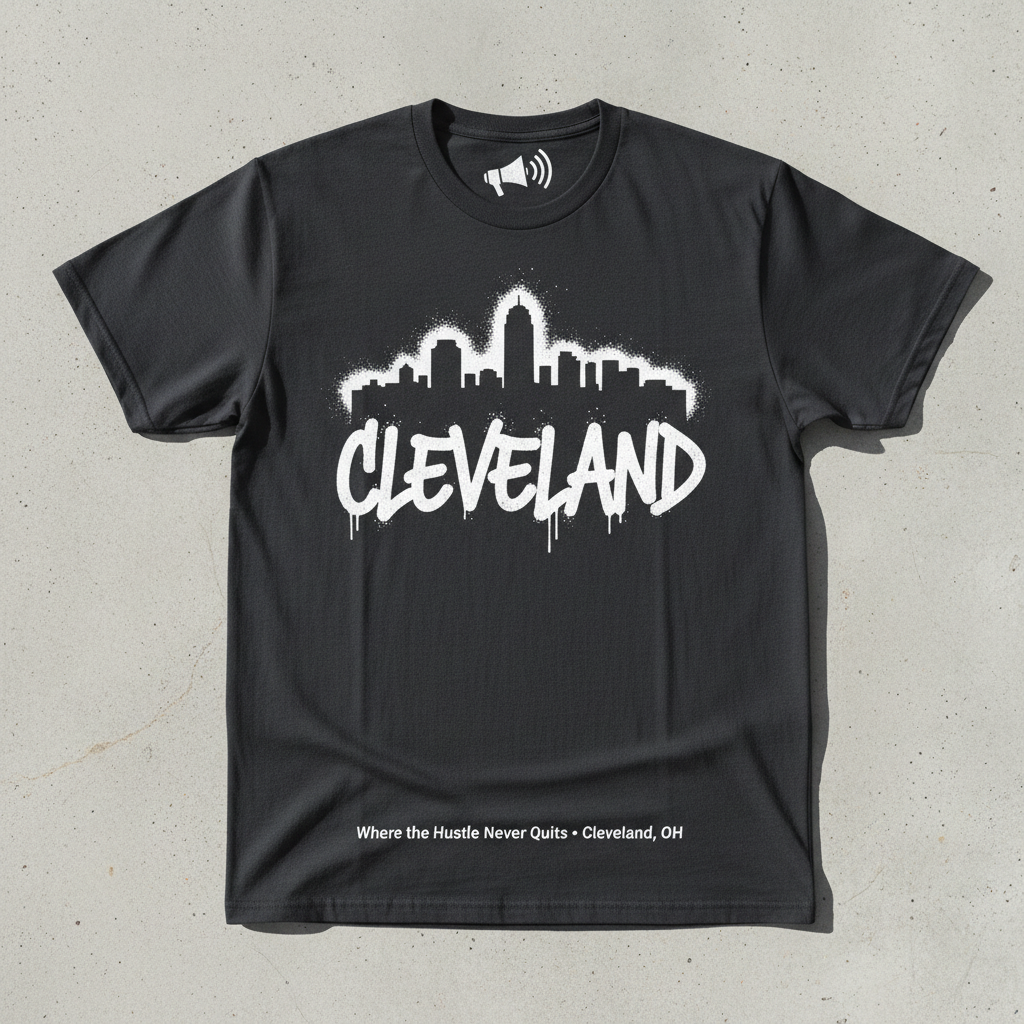 Cleveland Skyline Tee - Where the Hustle Never Quits - dark grey megaphone brand signature gritty streetwear