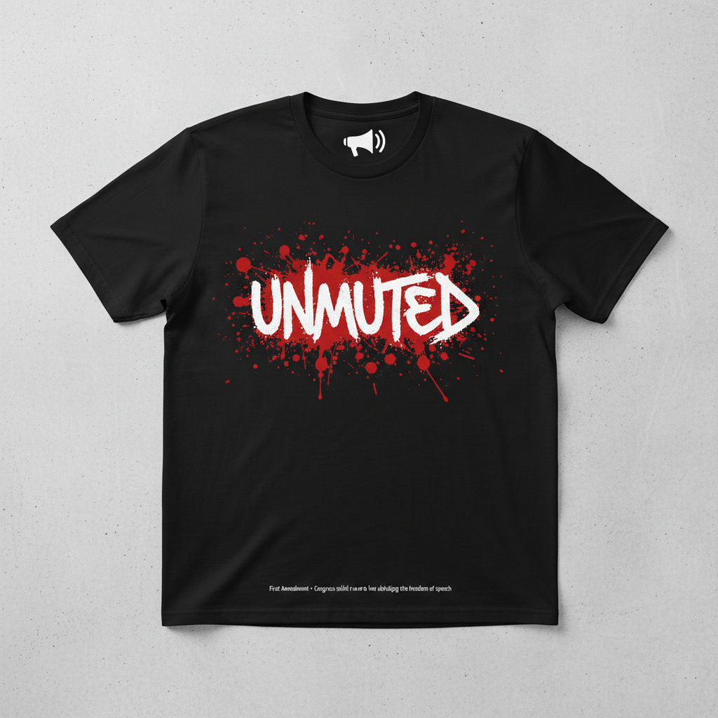 Unmuted Splatter Tee - gritty graffiti lettering red paint splatter megaphone brand signature First Amendment