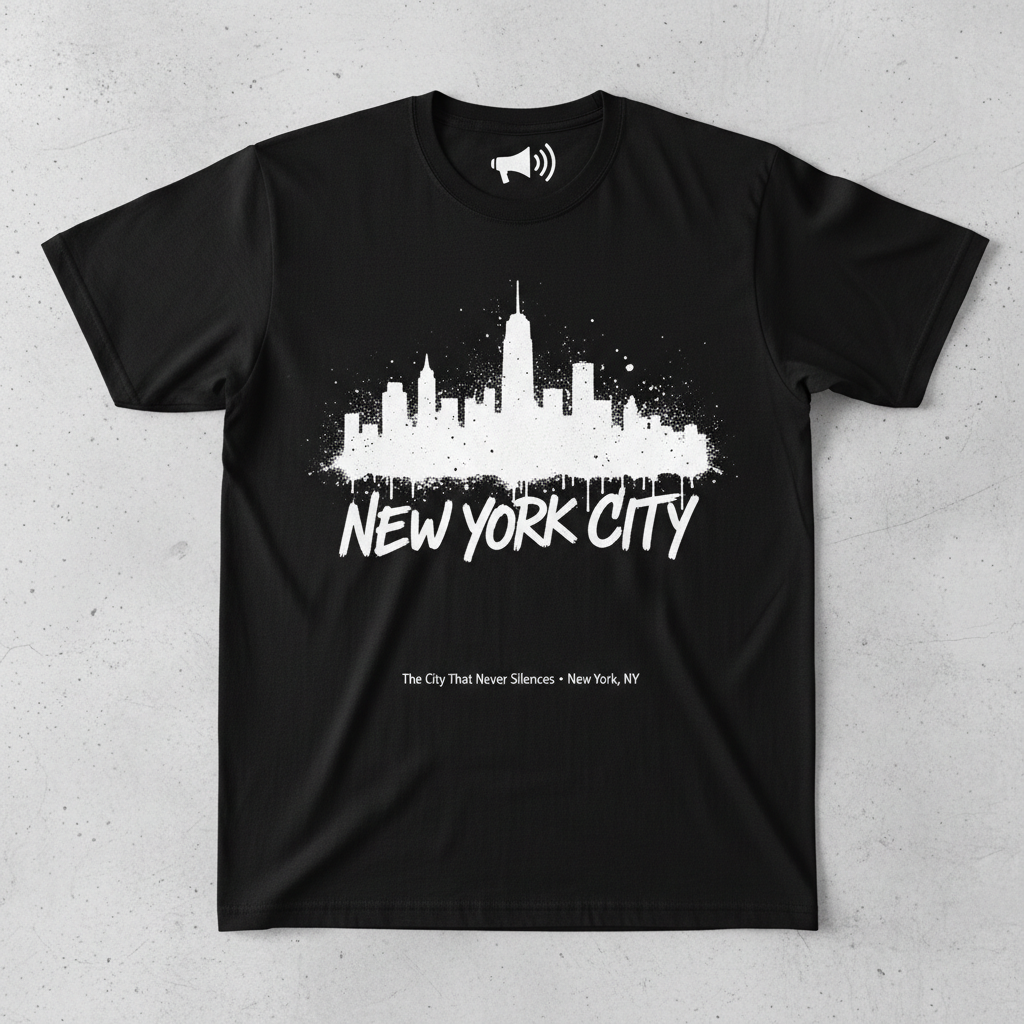 New York City Skyline Tee - megaphone with volume lines, The City That Never Silences tagline, gritty urban streetwear design