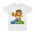 Kids streetwear tee with cartoon lion cub holding megaphone and Born Unmuted graffiti slogan
