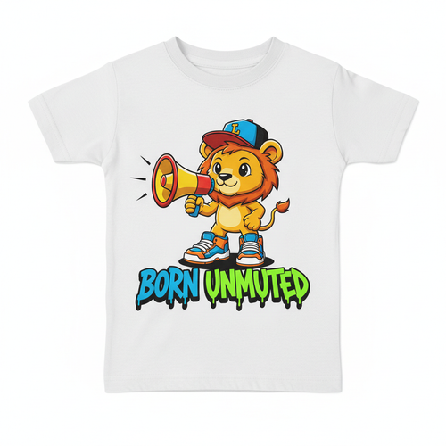 Kids streetwear tee with cartoon lion cub holding megaphone and Born Unmuted graffiti slogan