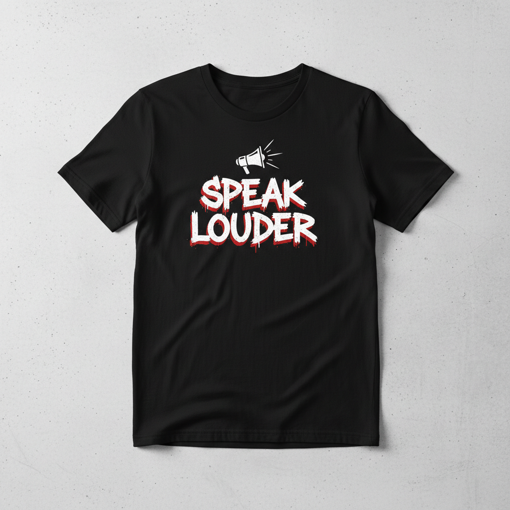 Speak Louder Tee - megaphone with volume lines brand signature, gritty graffiti streetwear design